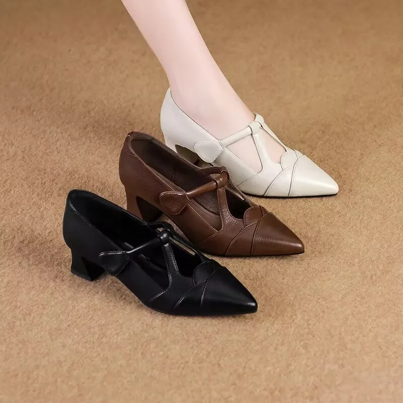 

New Spring/Autumn Women Pumps Split Leather Shoes for Women Pointed Toe Thin Heel Shoes Carving Buckle Strap Mary Janes Shoes