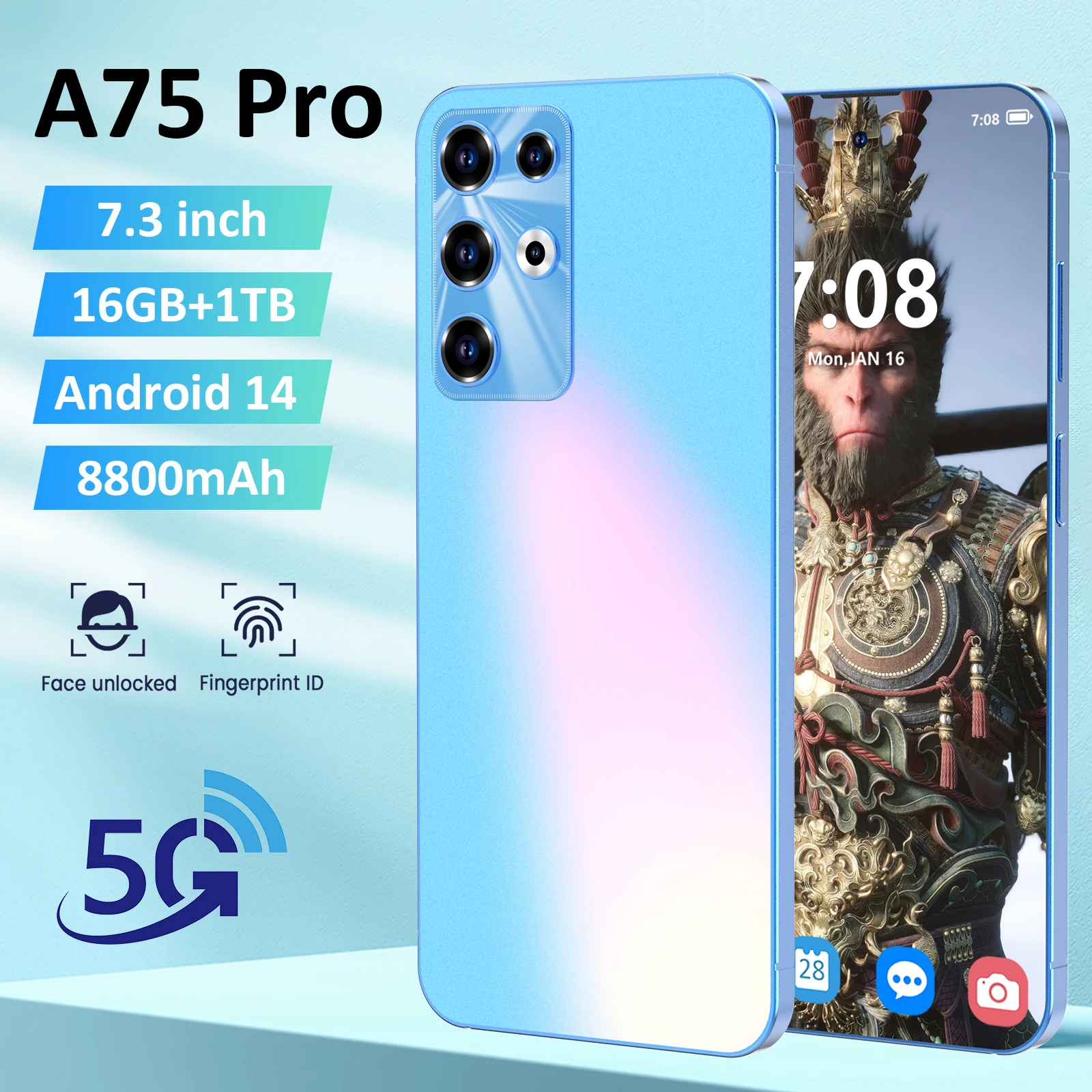 

Global Version A75 Pro Smartphone 5G 7.3 Inch Qualcomm8 Gen 2 108MP Camera 8800Mah Battery Android 14.0 Phone Unlocked Celular