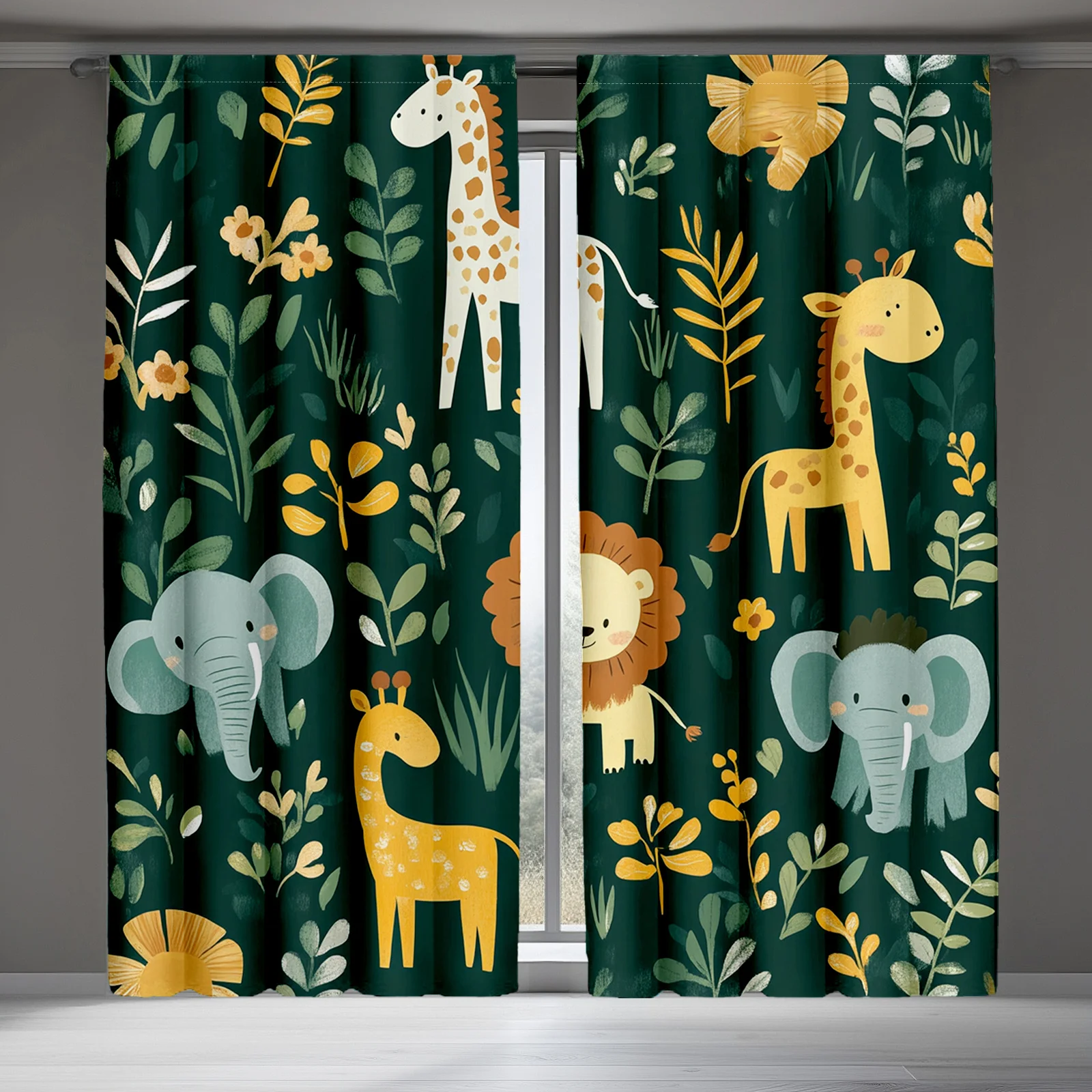 2 Panels Jungle Animal Print Curtains, Cartoon Giraffe Elephant Polyester Drapes, Kids Room Window Decor, Nature Theme