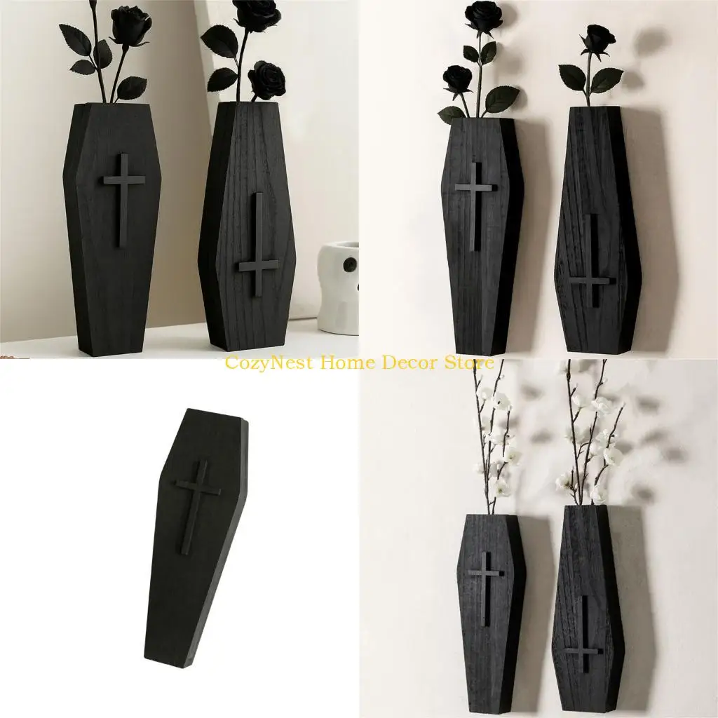 92MF Black Accent Vessel for Stem Display, Raised Front Detail, 27 x 9 Flower Piece for Shelf Styling Home Use