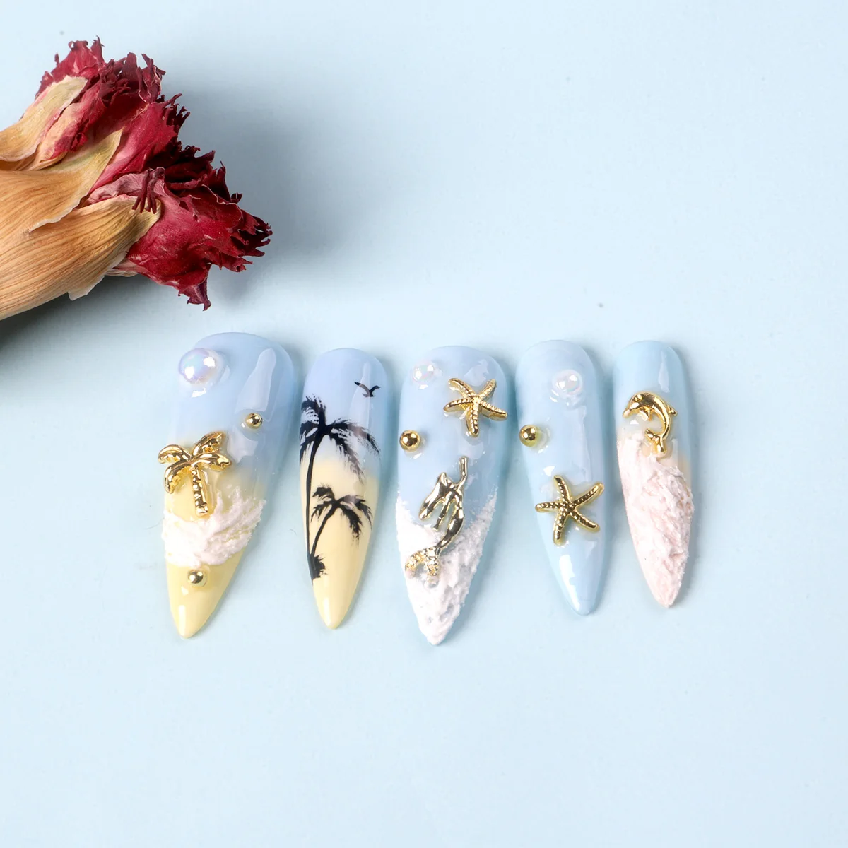 50PCS Mixed 3D Gold Summer Ocean Shell Starfish Metal Manicure Nail Decoration Mermaid Coconut Tree Nails Art Charms