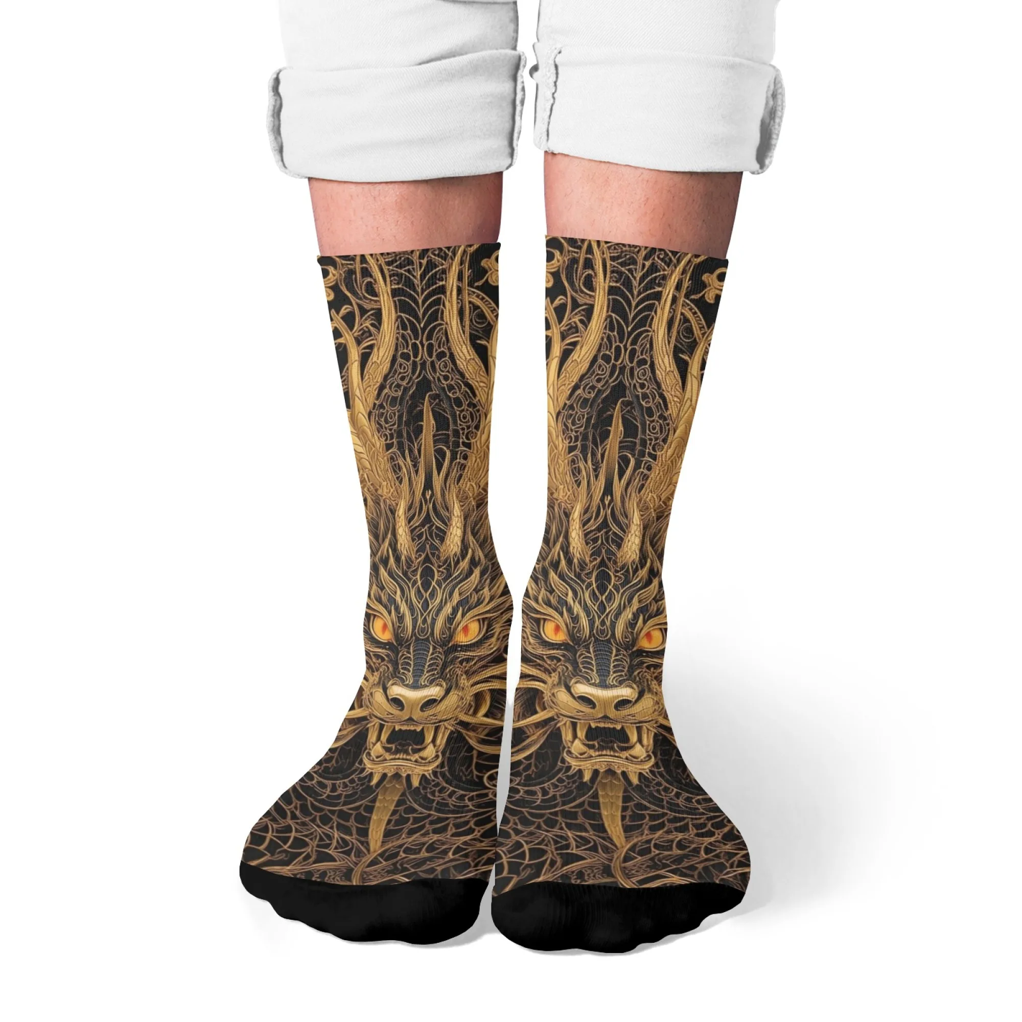 Golden Dragon Happy Herrensocken Harajuku Retro-Stil Hip-Hop Trend Socken Neuheit Lustige Kompressionssocken Party Karneval Geschenk