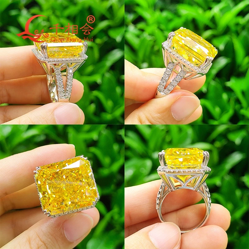 Yellow or pink Ice Cut Cubic Zirconia Rectangle Ring 18x20mm with Melee White Moissanite 925 Sterling Silver Jewelry Gift