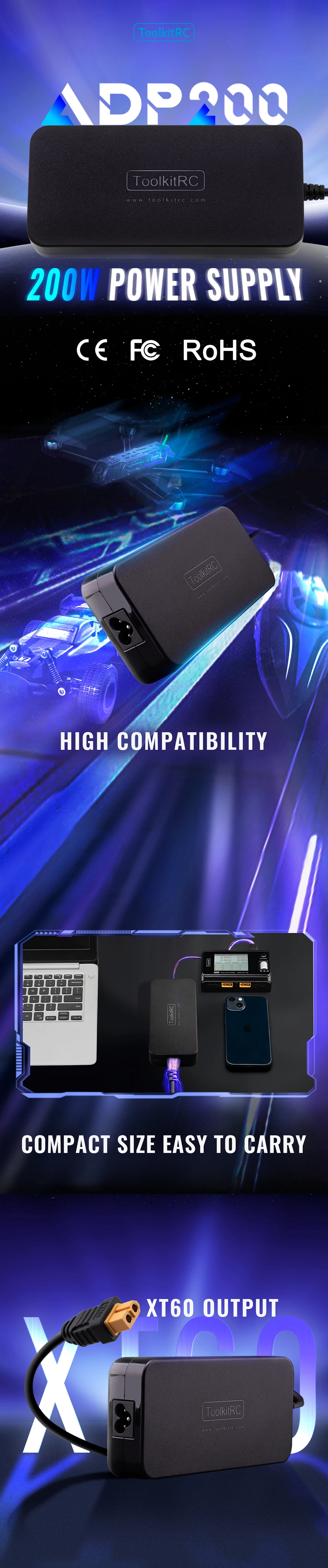 ToolkitRC ADP200 V2 Power Adapter 200W DC 19.5V 10.3A XT60 Output Model Toy Car Accessories Suitable For Charger M6D M8P M7 M9