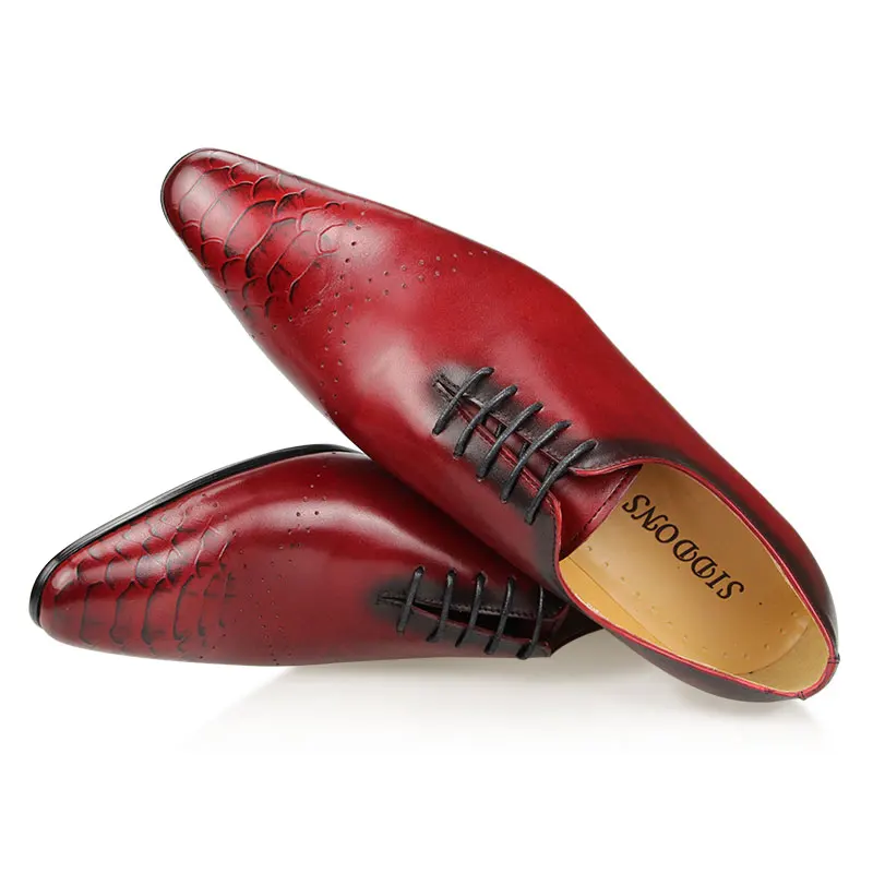 Vintage Formal Oxford Cow Leather Dress Shoes Fashion Men\'s Lace Up Elegant Business Wedding Pointed Toe Office Color Red Black