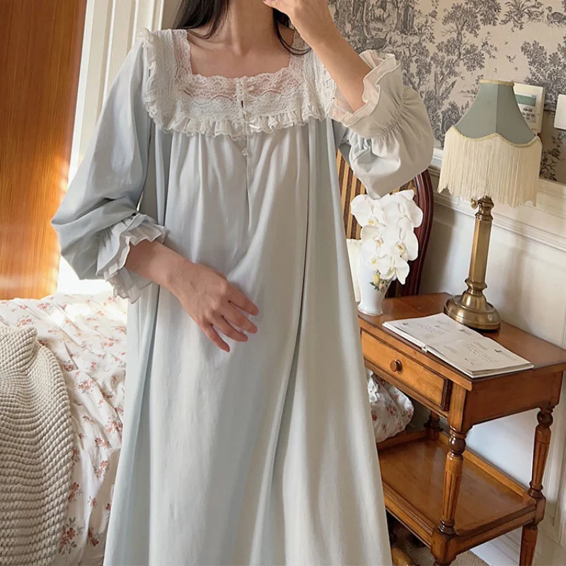 Vintage Cotton Nightgown Women Fairy Lace Sweet Long Sleeve Sleepwear Loose Peignoir Robe Night Dress Gown Princess Nightwear