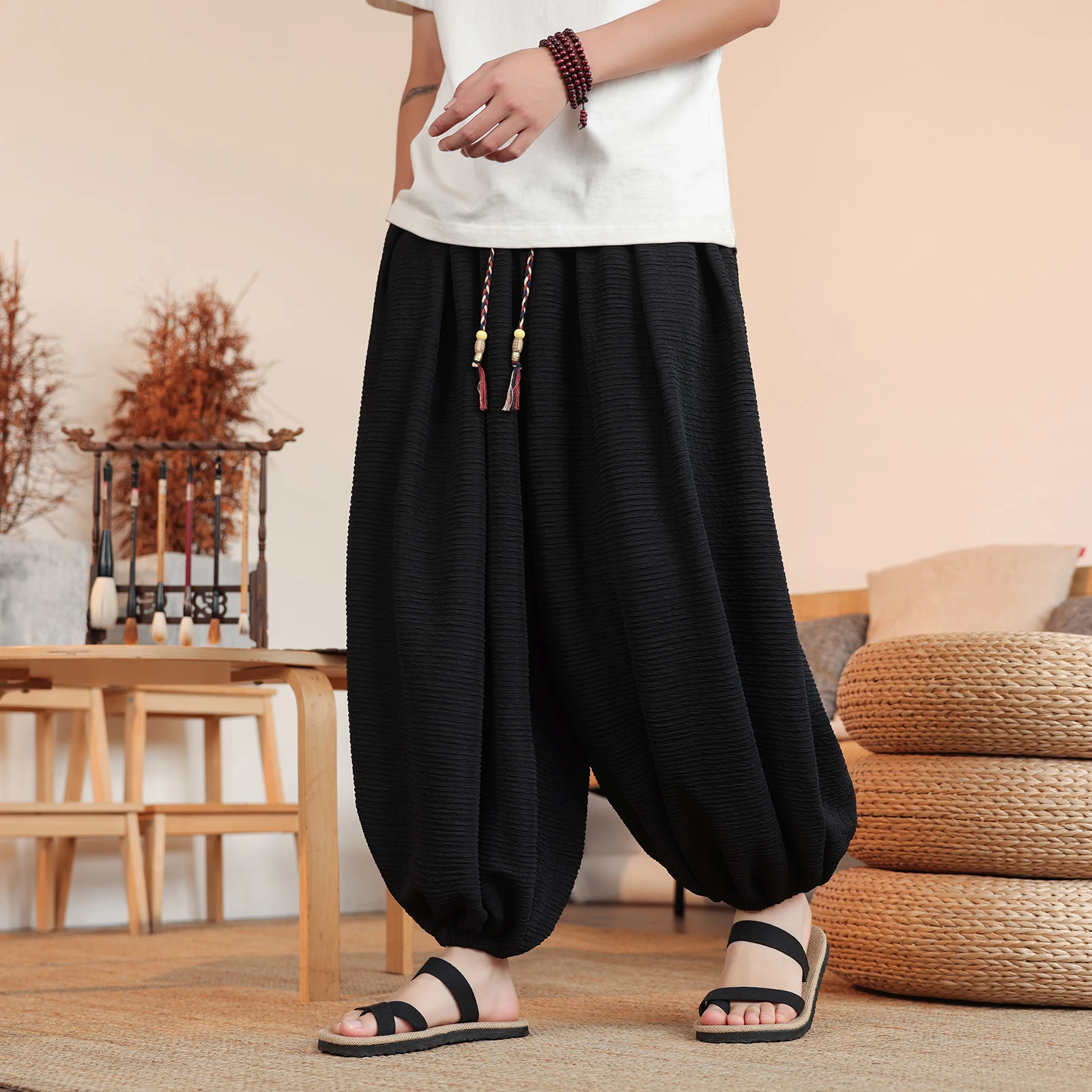 

Summer Wide Leg Pants Men's Solid Color Casual Japanese Styles Harun Pants Men Fashion Loose Harajuku Lantern Trousers Plus Size
