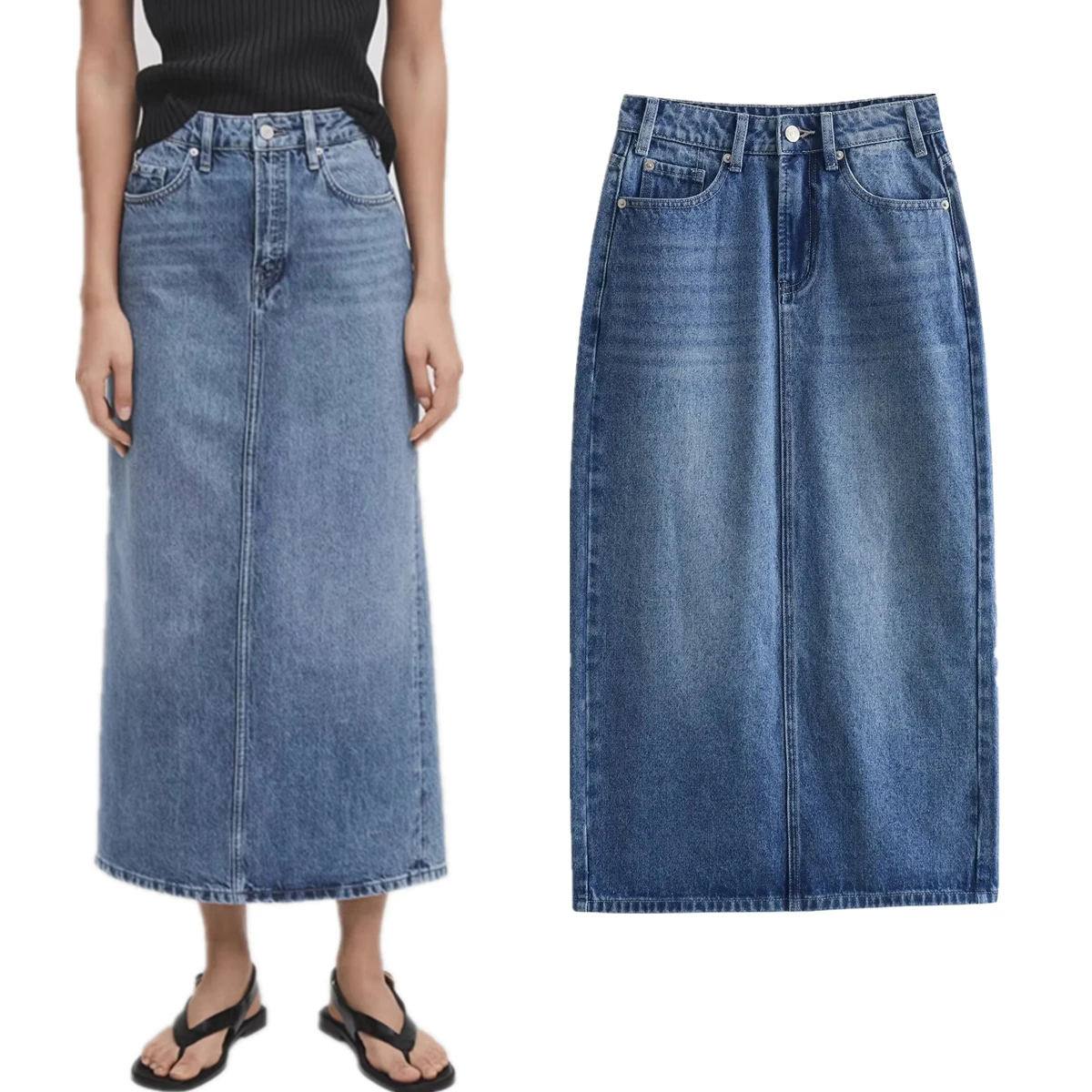 

Withered Fashion Ladies Midi Denim Skirt Women Nordic Skirts Womens Minimalist Fashion Commuter Casual Denim Blue