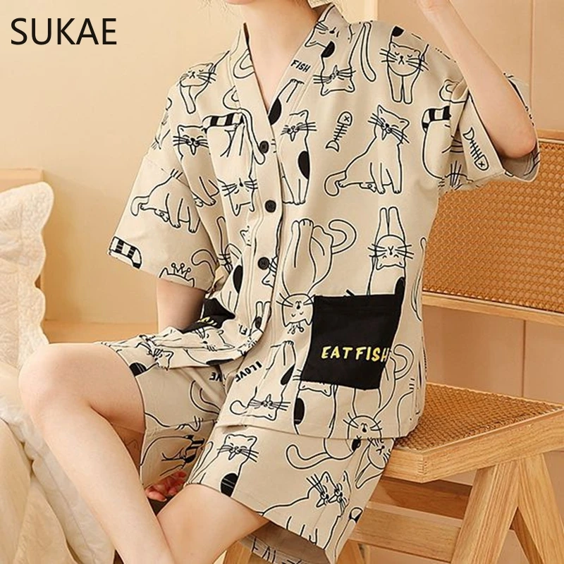 SUKAE M-5XL Summer Women Sleepwear Casual Cotton Woman\'s Pajama Set Kimono Style Cardigan Nightwear Leisure Girl Kawaii Clothes