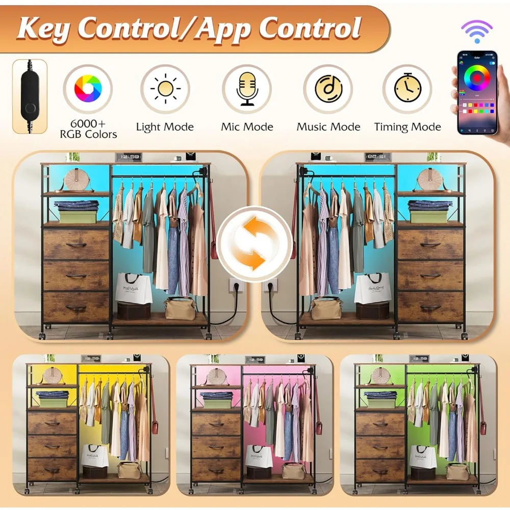 42'' LED Dresser with Charging Station, 3 Drawers & Hanging Rack, Fabric Storage Organizer with Open Shelves, Brown