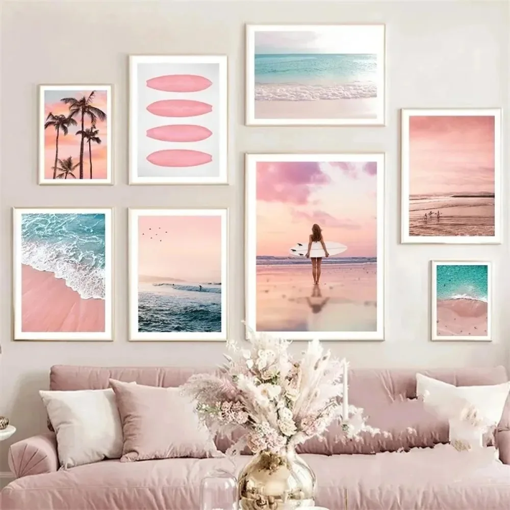 Pink Beach Ocean Artwork Poster Canvas Printing Surf Coconut Tree Nordic Wall Art Living Room Bedroom Home Decor