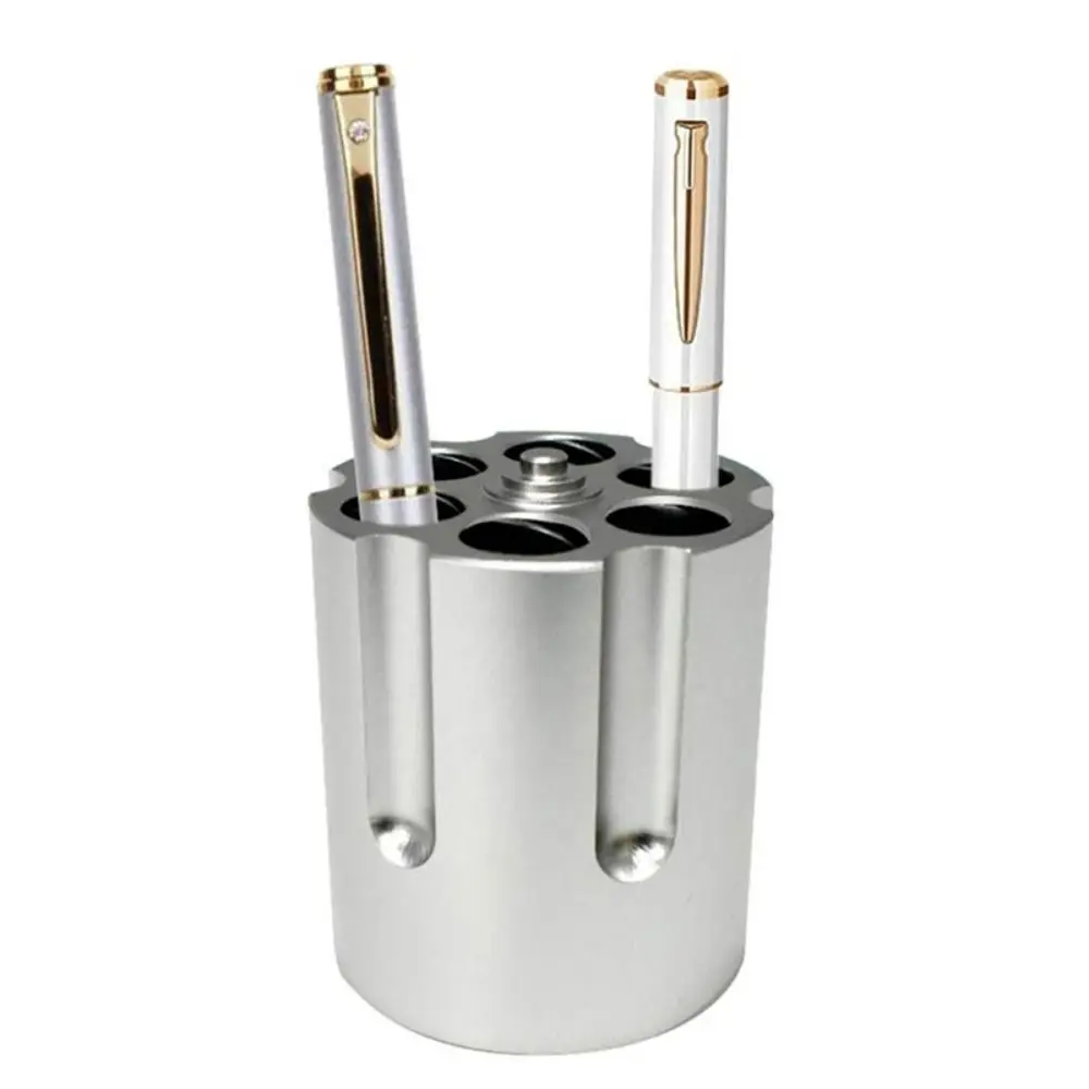 

With 6 Slots Cylinder Revolver Pen Holder Non-Slip Aluminum Pencil Container Creative Organizer Desktop Ornament Gift