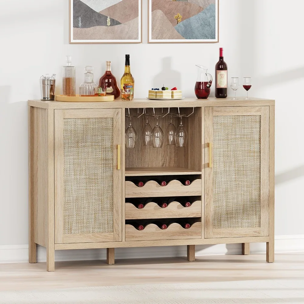 

Rattan Wine Bar Cabinet, Boho Rattan Home Bar with Glass Holder and Drawer Style Racks, Oak Sideboard Buffet Storage Cabinet