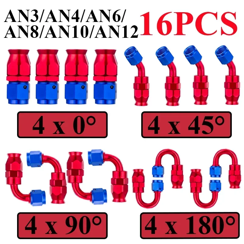 

16Pcs Universal AN3 AN4 AN6 AN8 AN10 Straight 45 90 180 Degree Reusable Hose End Fittings Adapter For Swivel PTFE Oil Fuel Line