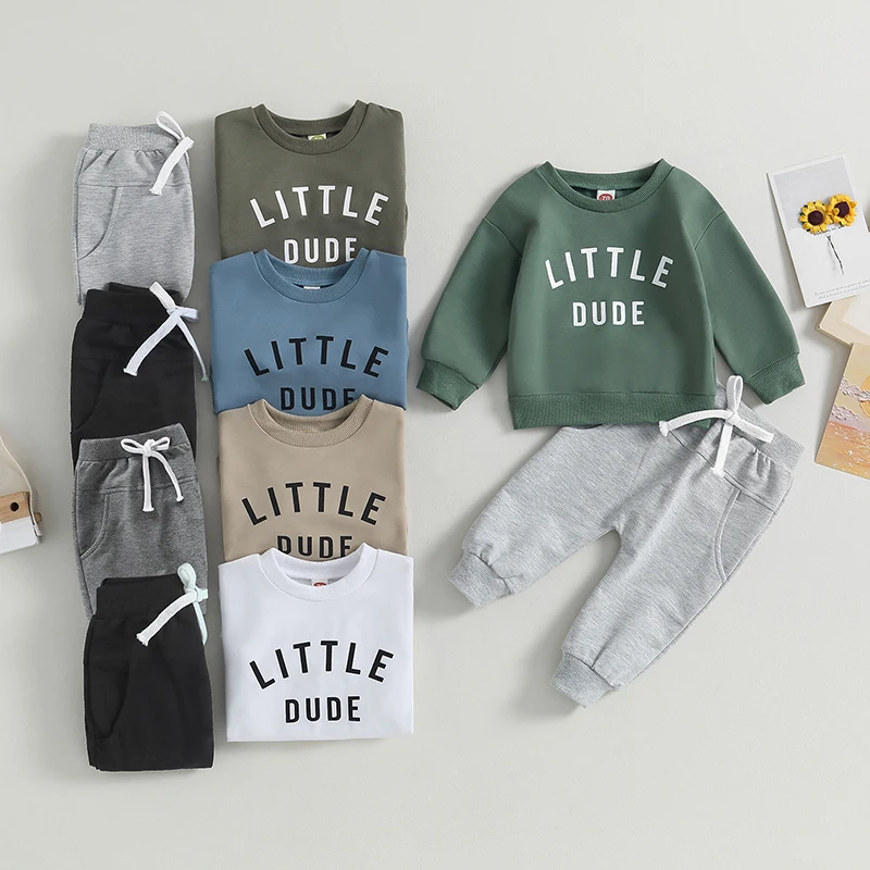 Baby Toddler Boys Fall Winter Outfits Little Dude Letter Printed Long Sleeve Sweatshirts Pants 2Pcs Clothes Set