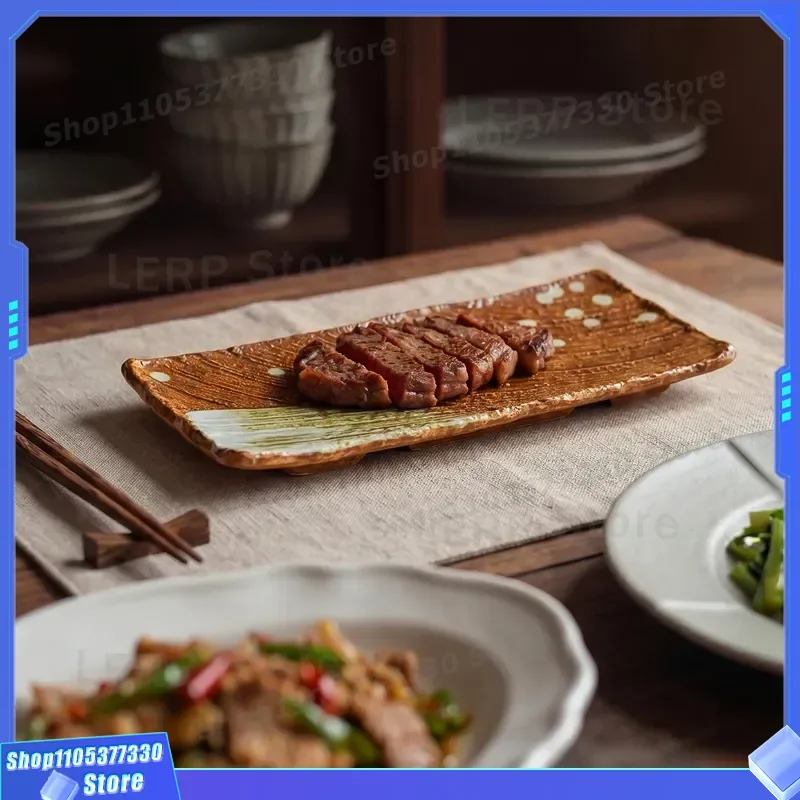 9.5 Inch Rectangular Ceramic Plate Japanese Style Retro Coarse Pottery Sushi Dish Commercial Restaurant Tableware for Cooking