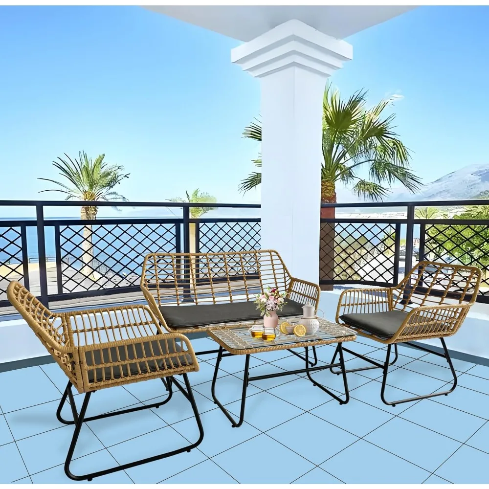 

4-piece rattan courtyard furniture set, indoor/outdoor willow conversation set, with sofa, chair, and table