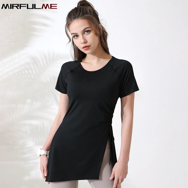 Summer Women Forked Yoga Shirts Short Sleeves Sport T-Shirts Sexy Bandage Running Shirt Quick Dry Gym Fitness Tops Blouse Female