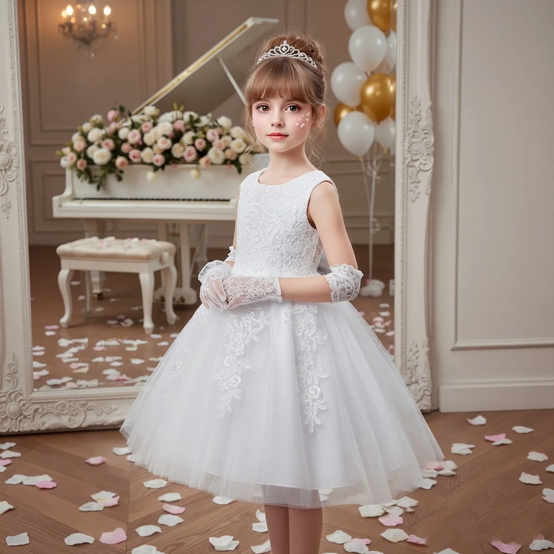Summer new girls white performance dress, princess dance dress, children's birthday party dress, wedding lace flower girl dress