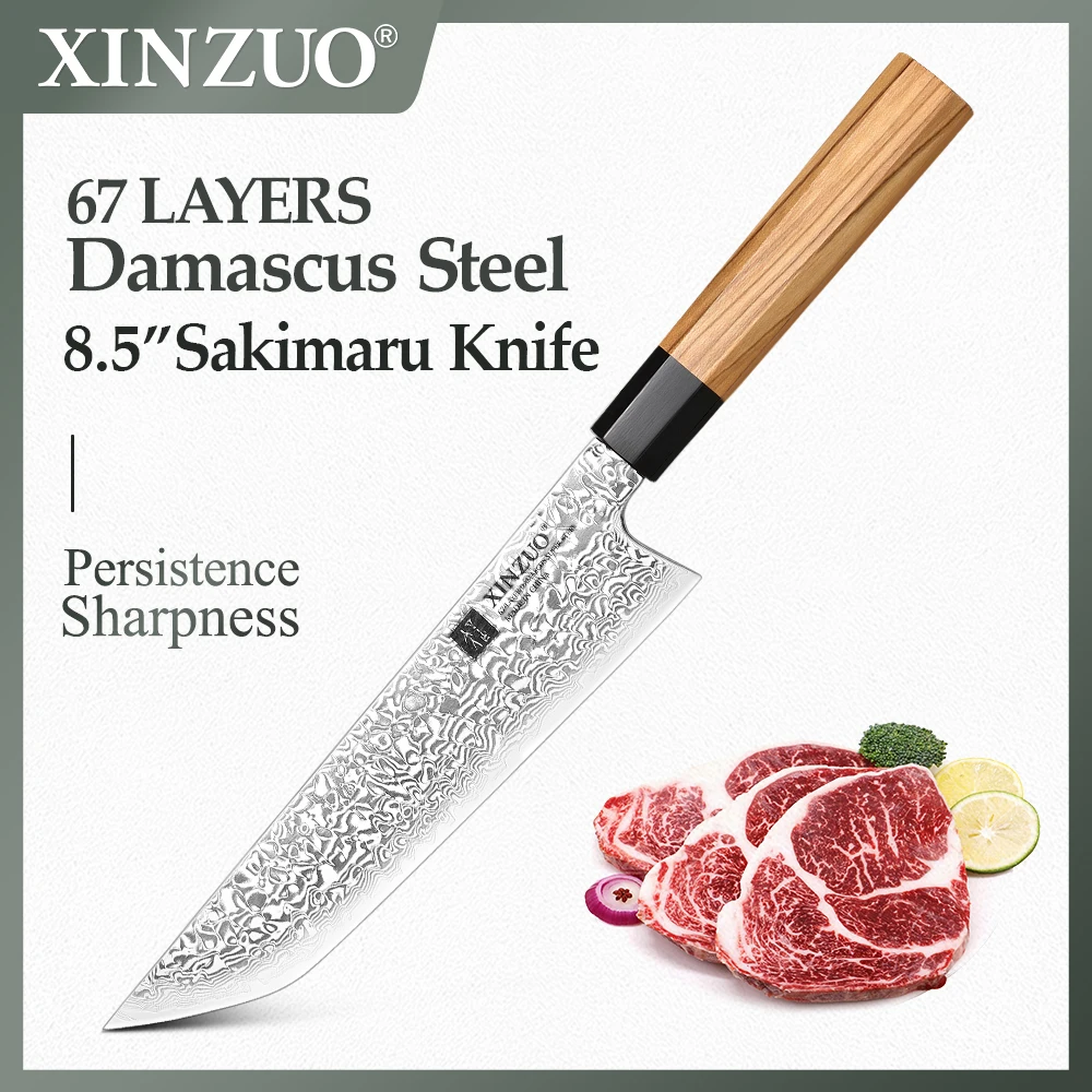 XINZUO 8.5 inch High Quality Sakimaru Knife 10Cr15CoMov Steel Core Damascus Steel Slicing Knife With Buffalo Horn Handle