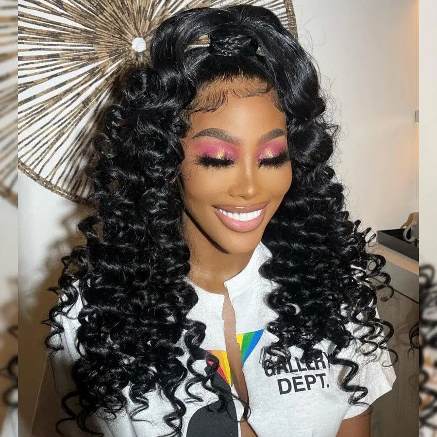 

13x4 Loose Deep Lace Front Wig Blend Human Hair Long Hair Transparent Frontal Wig for Women Natural Black 200% Density