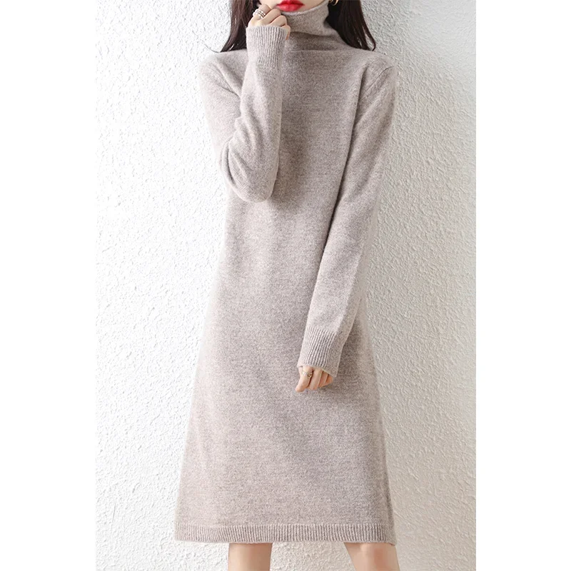 Autumn Winter 100% Wool Thicken Sweater  Long Dress Warm Basic Knit Pullover Women Slim Dress Solid Color Casual Dresses