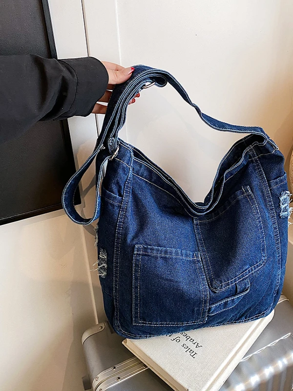Denim Shoulder Bag Women's 2025 New Versatile College Students Class Tote Bag Forest System Large Capacity Slant Crossbody Bag