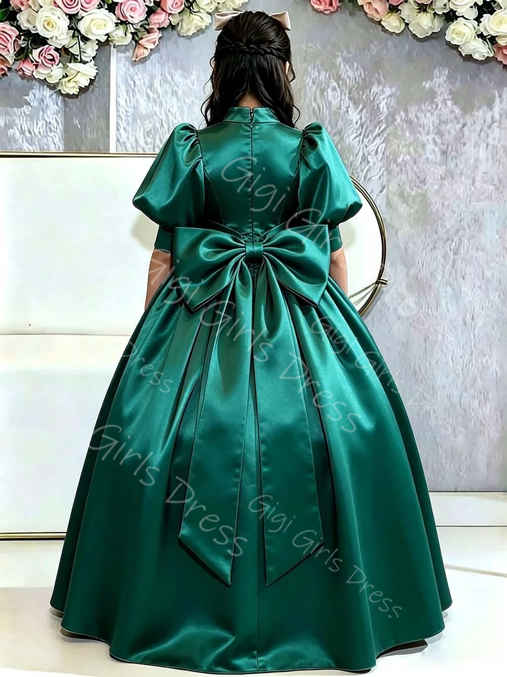 Customized Kids Party Gown Satin Draped Flower Girl Dress for Wedding With Bow High Waist Puff Sleeve Princess Communion Dress