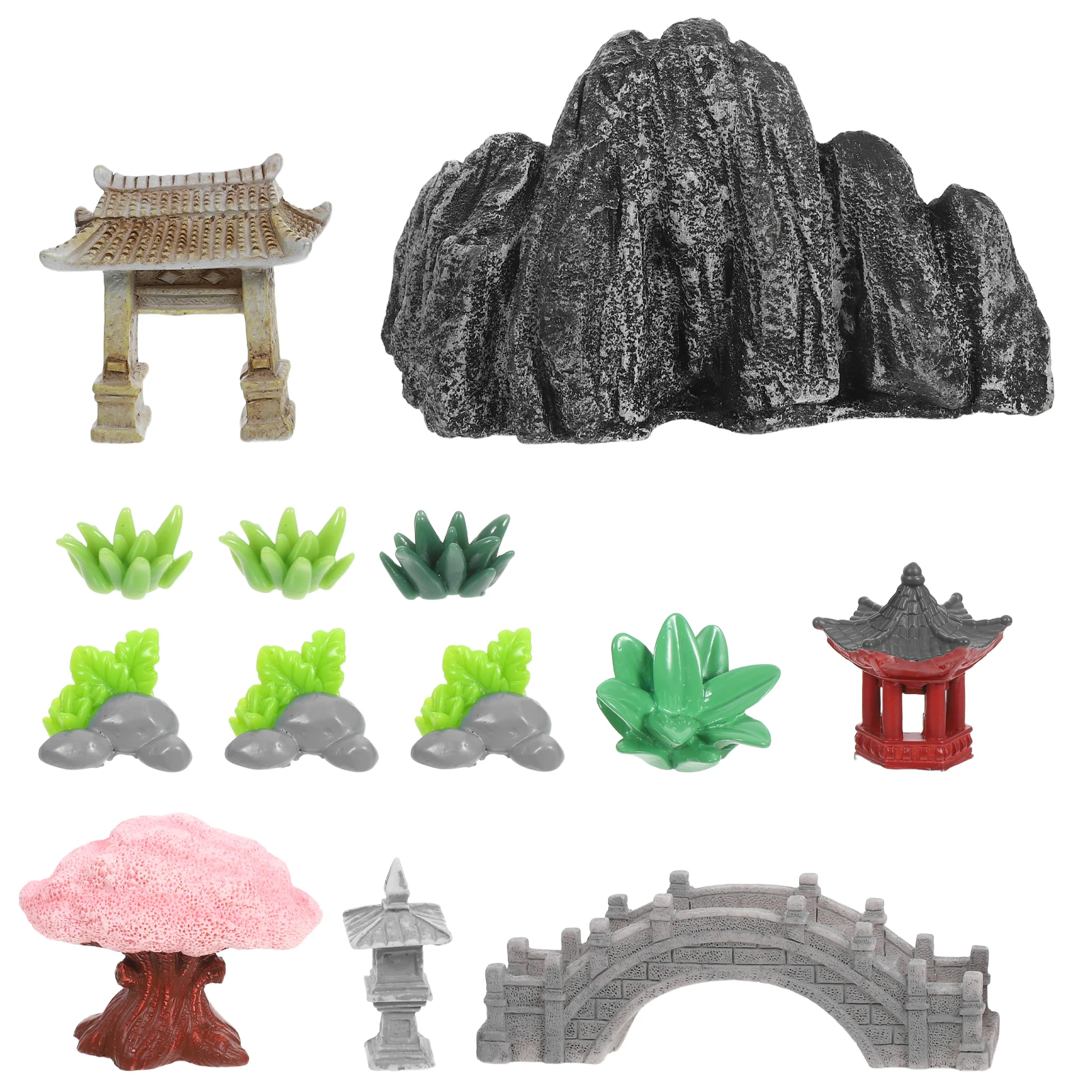 

13pcs Miniature Rockery Pavilion Bridge Fake Landscape Rocks Resin Garden Accessories Mini Figurines Indoor Home Micro Landscape