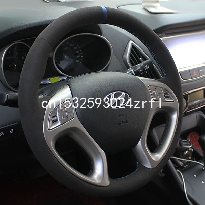 For Hyundai IX35 New Santa Fe DIY Car Steering Wheel Cover Black Suede Blue Thread