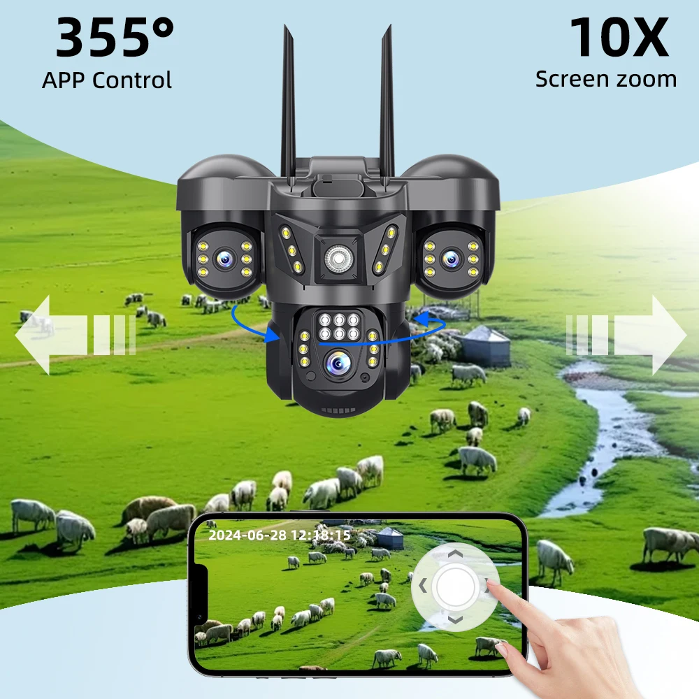 V380 PRO Ranch Security Camera 6K 15MP HD IP66 Waterproof Triple Lenses Three Screens Remote Monitoring Outdoor CCTV Camera