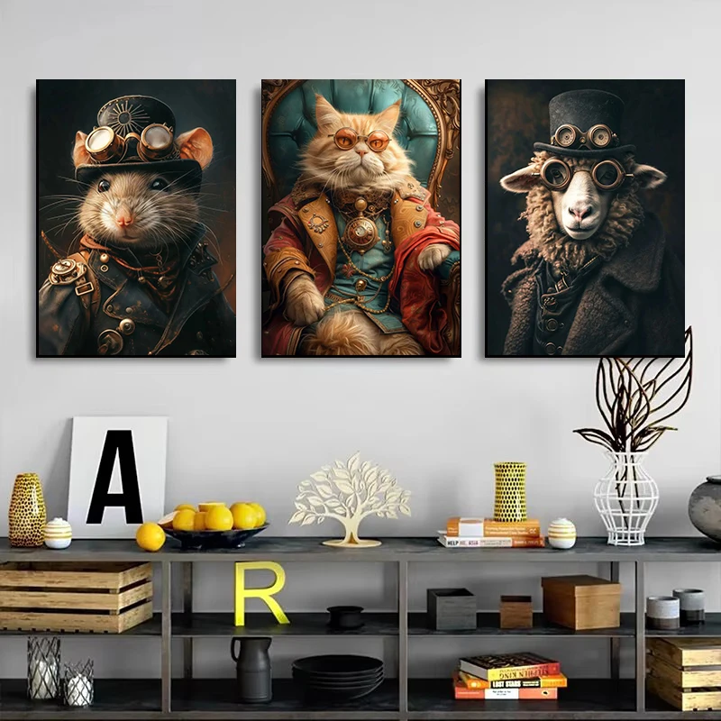 Vintage Steampunk Animals Portrait Print Posters Pictures Retro Animal Wall Art Canvas Painting Mural for Living Room Home Decor