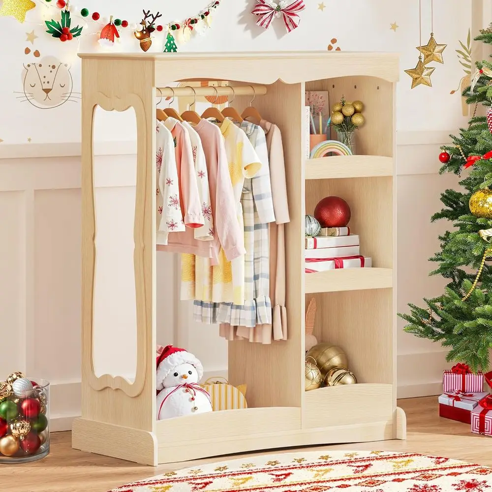 Children's Wooden Storage Unit with Mirrored Door, Open Hanging Closet, and Wardrobe Organizer for Playrooms and Classrooms