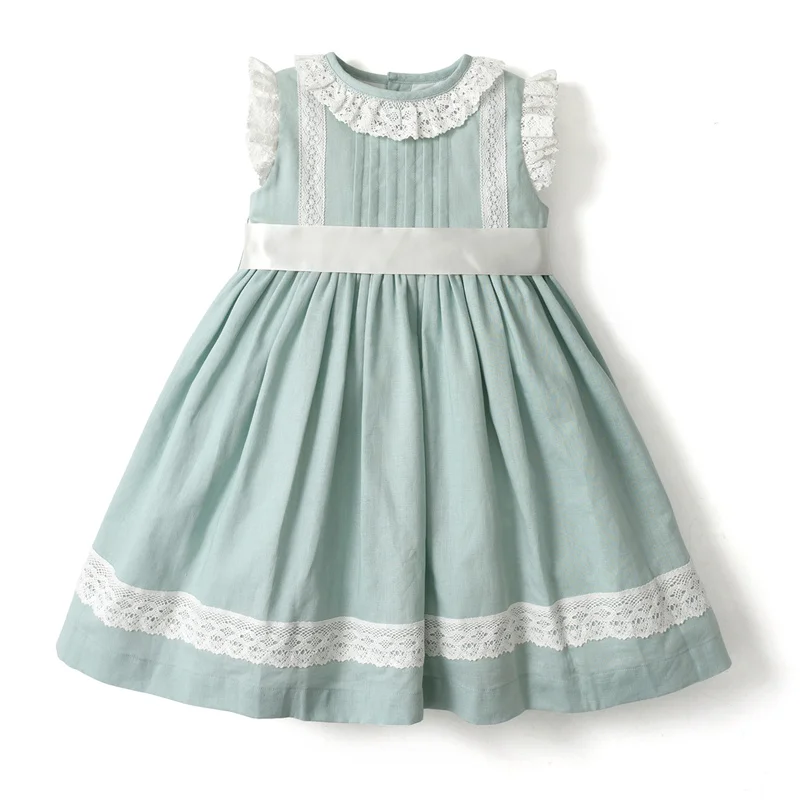 

2025 White Lace Baby Girls Summer Birthday Dresses Classy Flying Sleeves Children Green Dress Round Neck Bandage Holiday clothes