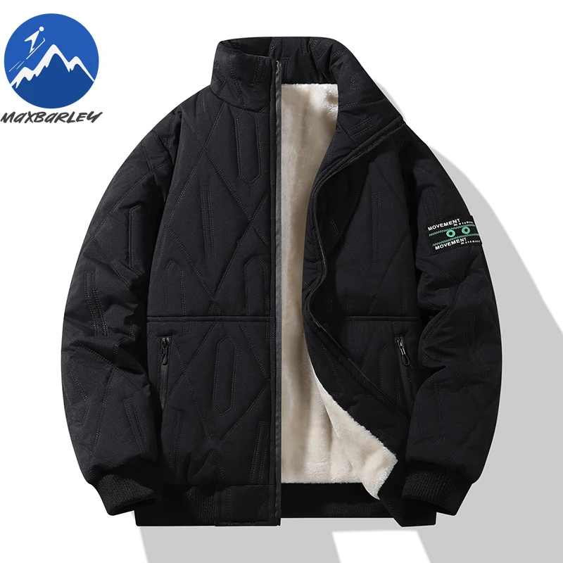 Maxbarley Winter Plush Padding Jacket Men Trendy Splicing Thick Thermal Padded Jacket Casual Outdoor Ski Windproof Fleece Parka