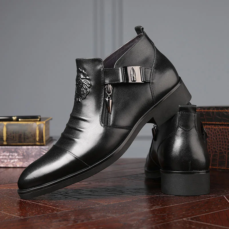 Zapatos de cuero de tacón cuadrado para hombre, botas cortas de vestir con cremallera, versátiles, a la moda, color negro, para primavera y otoño