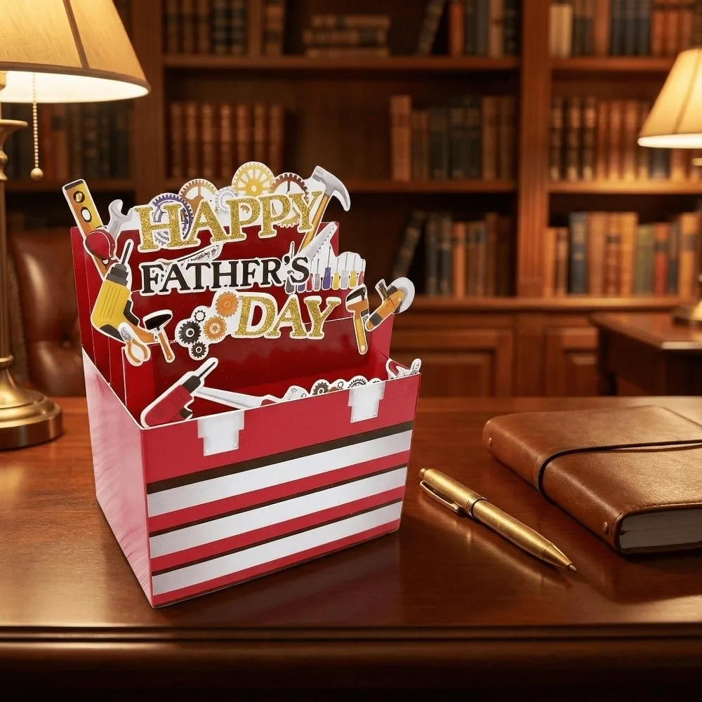 Carte de vœux 3D Fête des Pères en papier artisanal sur le thème de la boîte à outils avec enveloppe – Carte surprise pour célébration