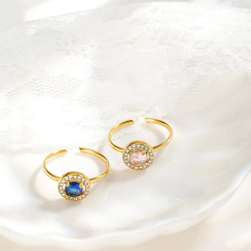 PAXA مقاوم للماء الملونة المفتوحة قابل للتعديل جولة زركون الفولاذ المقاوم للصدأ خواتم للنساء موضة أنيقة مجوهرات حفلة هدية