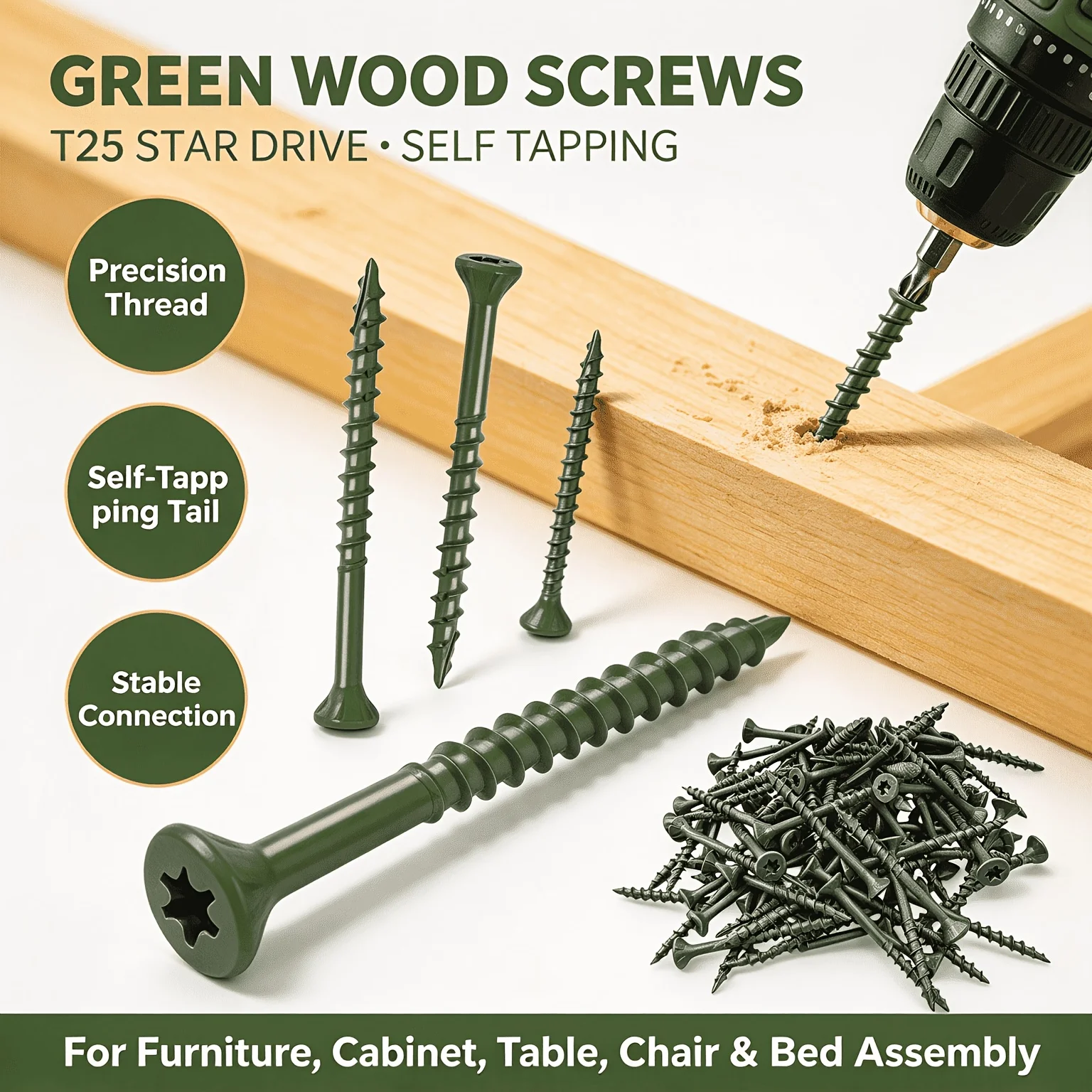 110PCS  10 x 3 Inch Green Wood Screws, T25 Star Drive Self Tapping Screws with Drill Bit for Indoor Woodworking