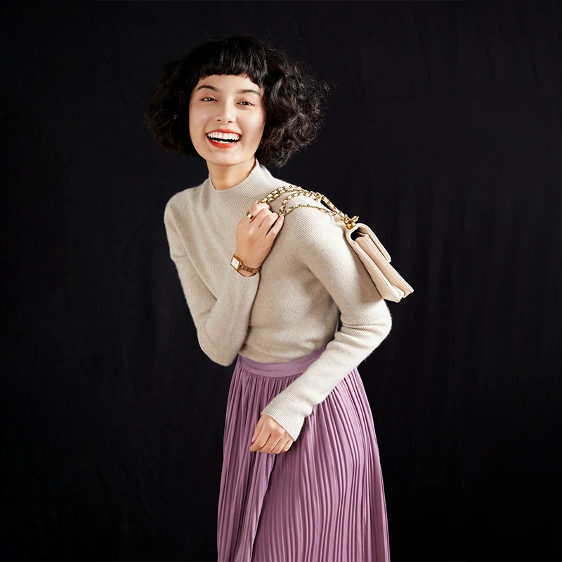 سترة نسائية رقيقة مضلعة من الكشمير بنسبة 35% برقبة وهمية | خمر عارضة الصلبة اللون السترة #5