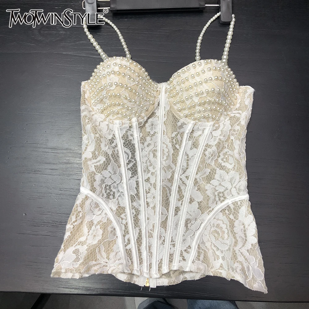 TWOTWINSTYLE French Romantic Date White Lace Pearl Bustier Corset for Women Pearl Accent Sheer Design for Bridal Looks KVE561129