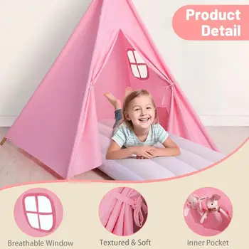Růžový stan s teepee na spaní pro děti - 2 kusy, nafukovací domeček s osvětlením, vlajkou a matrací - skládací pro použití uvnitř i venku 8 nejlepší prodej týpí pro děti - №4