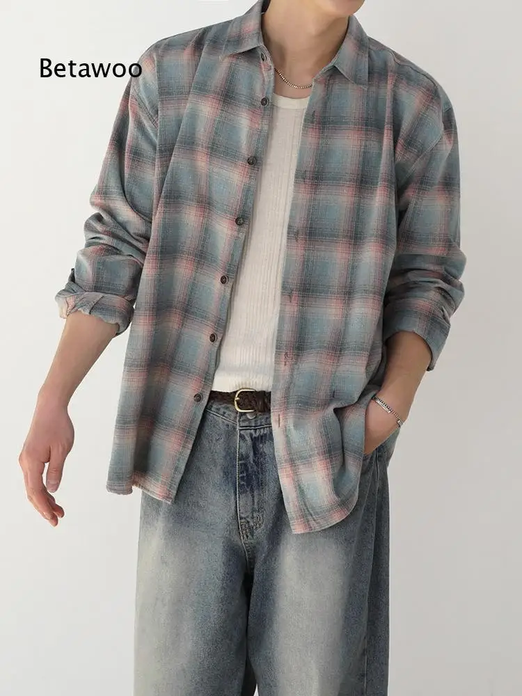 Color Block Plaid Long Sleeve Shirt For Men Autumn Lazy Style Casual Blouse Korean Trendy Lapel Top For Everyday Casual Outfi