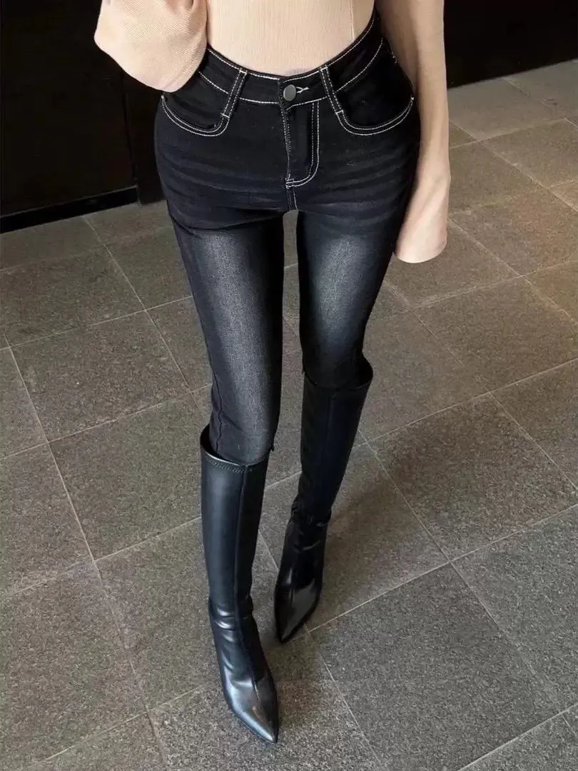 

Slimming High Waist Cotton Stretch Denim Pants Korean Sle White Line Design Nine Points Waed Pencil Jeans Ladies Winter