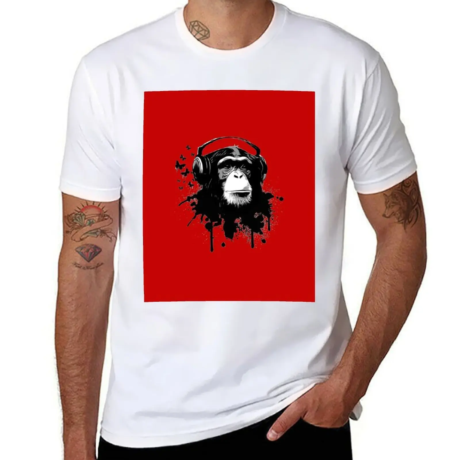 

Chimpanzee with Monkey, Chimp Headphones, Headphone, Cool Wearing T-Shirt Work Short Sleeve Cotton Top