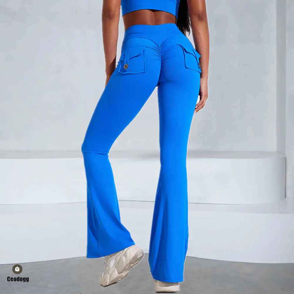 Nude Pocket Button Flare Leggings High Waist Wide Leg Yoga Pant Women Gym Fitness Sport Dance Trousers Active Bottoms XP303