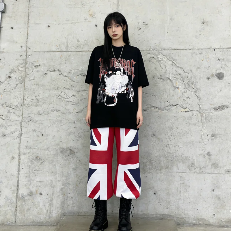 

Новые широкие брюки с британским флагом 2026 года – повседневные брюки с эластичным поясом – модные свободные брюки в уличном стиле