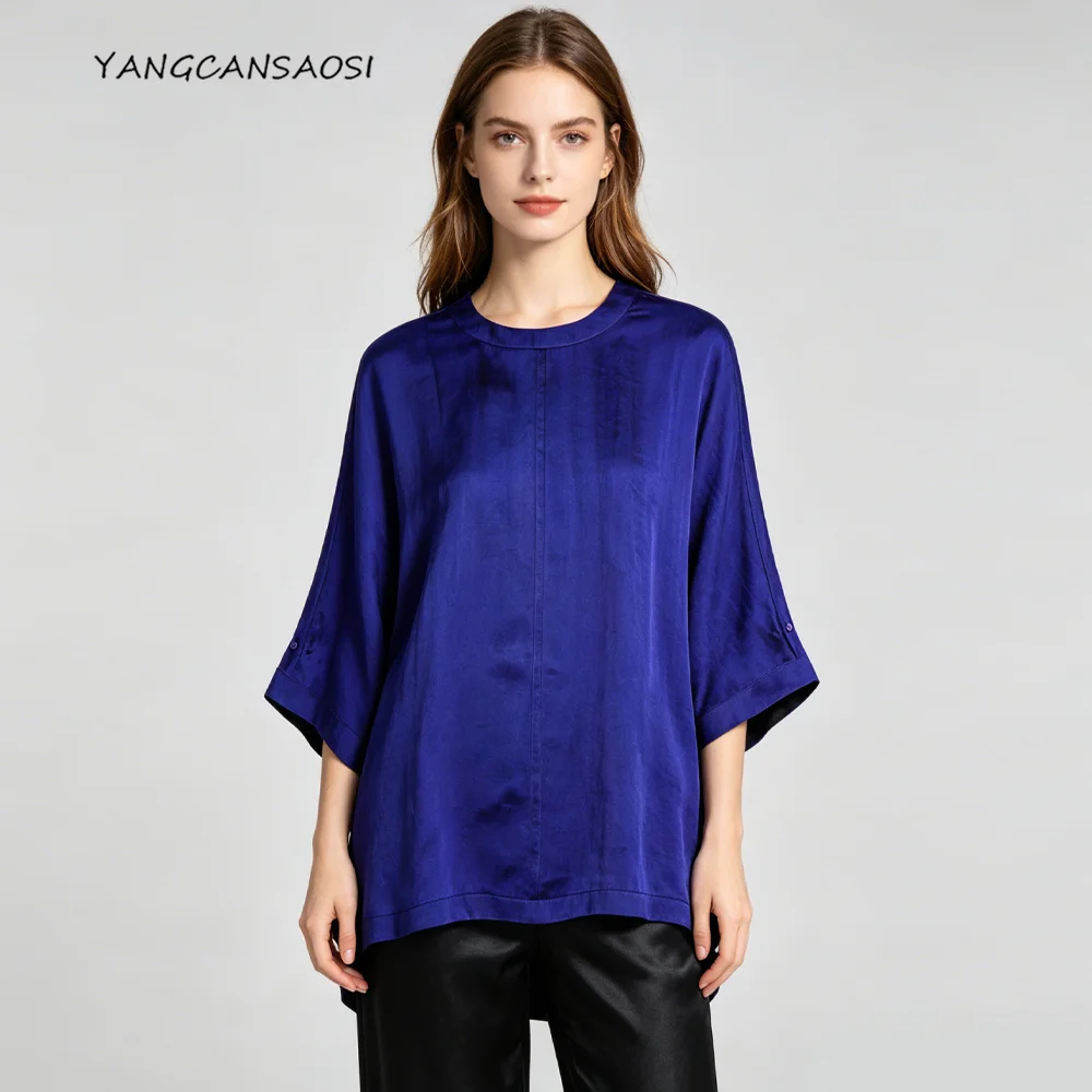 Women's Autumn New 30MM  100% Natural Mulberry Silk Gambiered Guangdong Gauze Treasure Blue Round Neck Batwing Sleeve T-shirt