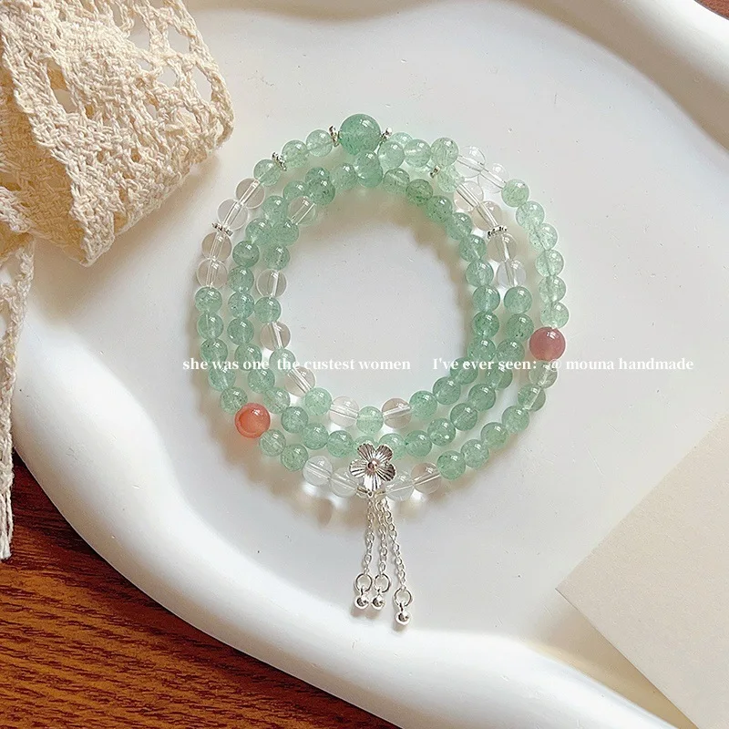 

Три круга, натуральная зеленая клубника для женщин, стиль Ins, свежий многокруглый цветок, кисточка, хрустальный браслет, ювелирные изделия, ручная веревка