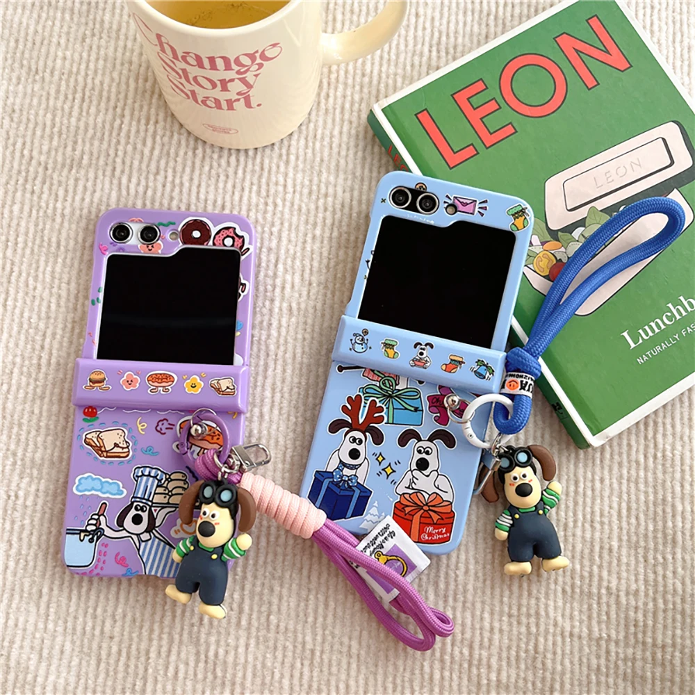 Cute Cartoon Gromits with Pendant Phone Case for Samsung Galaxy Z Flip 3 4 Z Flip 5 6 5G PC Hard Anti-drop Back Candy Cover Gift